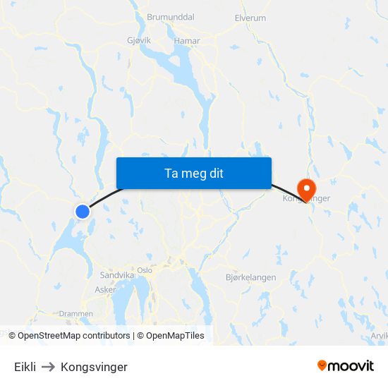 Eikli to Kongsvinger map