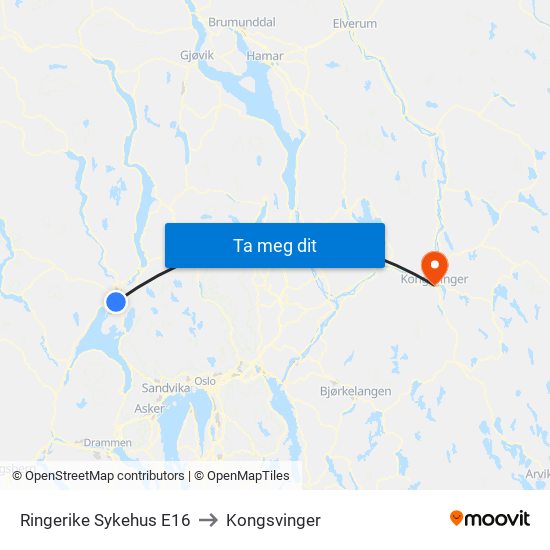 Ringerike Sykehus E16 to Kongsvinger map