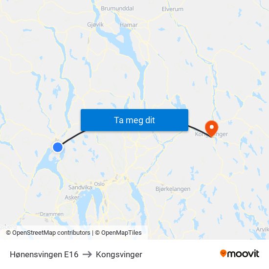 Hønensvingen E16 to Kongsvinger map