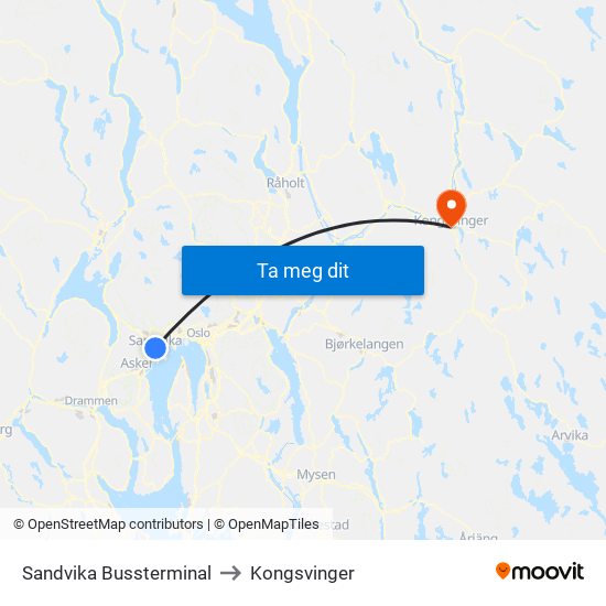 Sandvika Bussterminal to Kongsvinger map