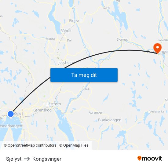 Sjølyst to Kongsvinger map