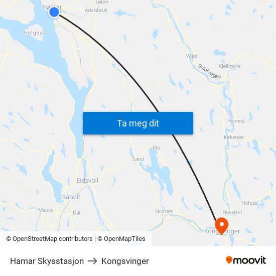 Hamar Skysstasjon to Kongsvinger map