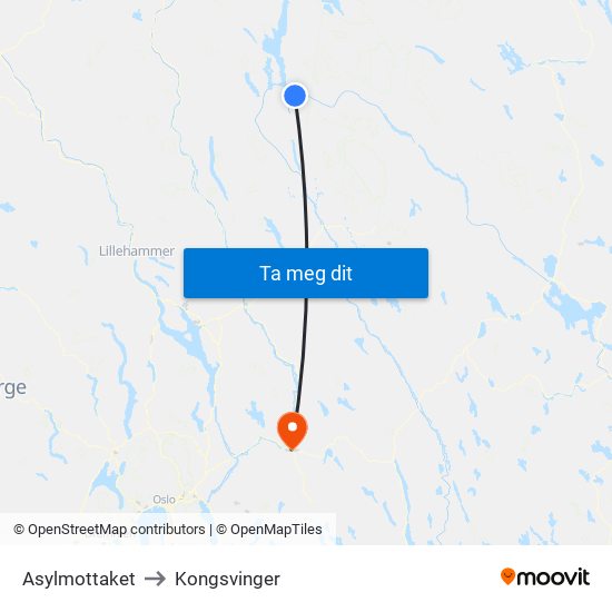 Asylmottaket to Kongsvinger map