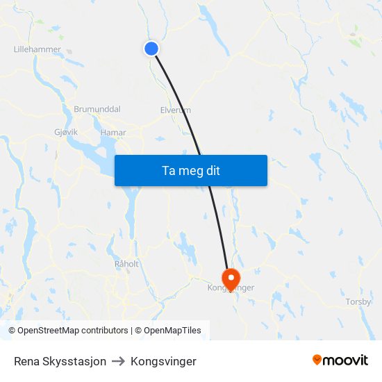 Rena Skysstasjon to Kongsvinger map