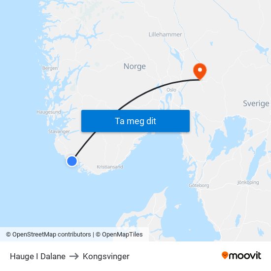 Hauge I Dalane to Kongsvinger map