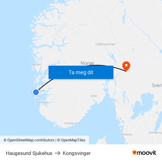 Haugesund Sjukehus to Kongsvinger map