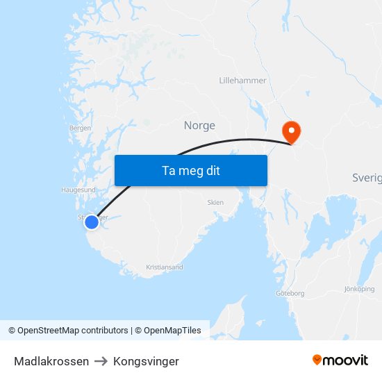 Madlakrossen to Kongsvinger map