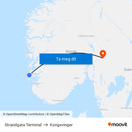 Strandgata Terminal to Kongsvinger map