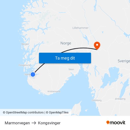 Marmorvegen to Kongsvinger map