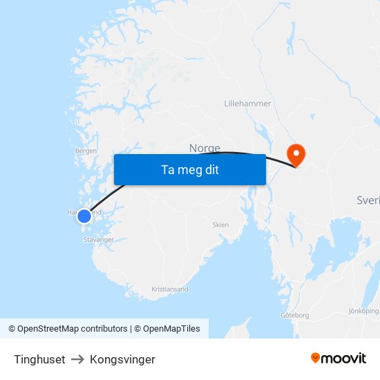 Tinghuset to Kongsvinger map