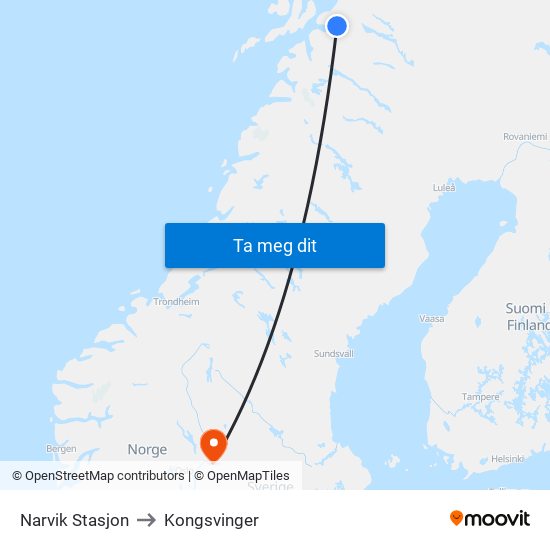 Narvik Stasjon to Kongsvinger map
