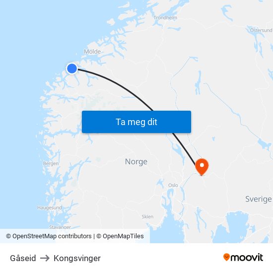 Gåseid to Kongsvinger map