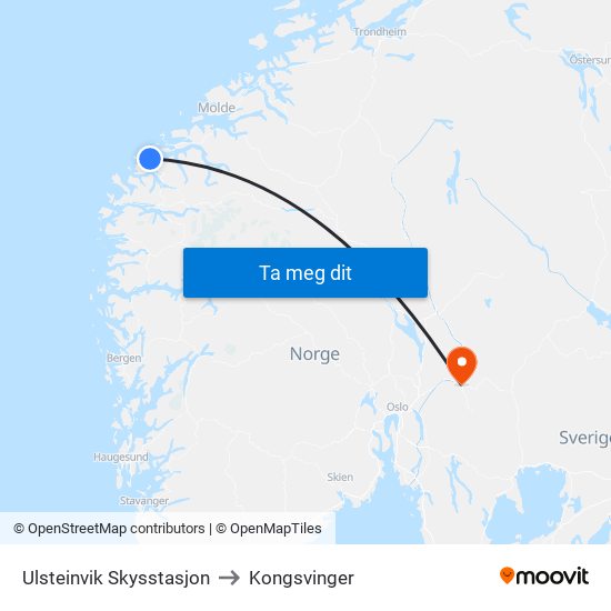 Ulsteinvik Skysstasjon to Kongsvinger map