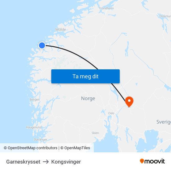 Garneskrysset to Kongsvinger map
