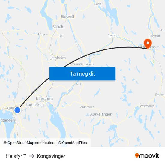 Helsfyr T to Kongsvinger map