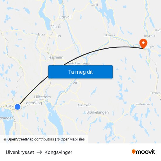 Ulvenkrysset to Kongsvinger map