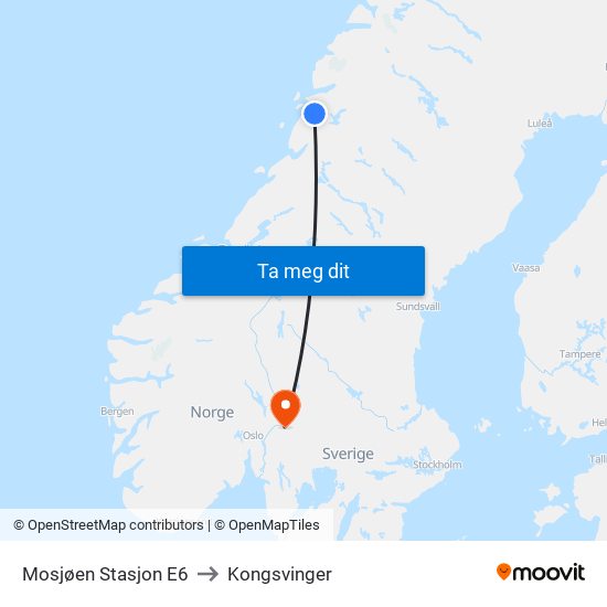 Mosjøen Stasjon E6 to Kongsvinger map