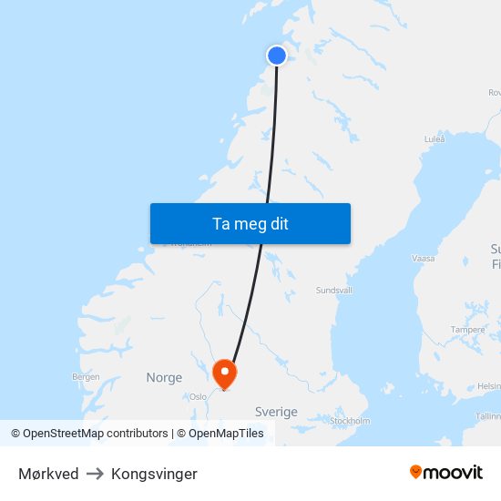 Mørkved to Kongsvinger map