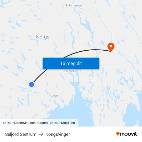 Seljord Sentrum to Kongsvinger map