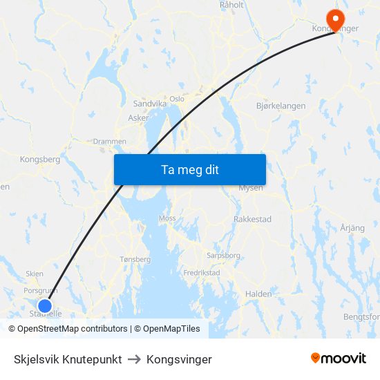 Skjelsvik Knutepunkt to Kongsvinger map