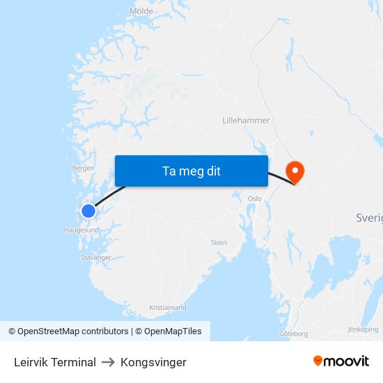 Leirvik Terminal to Kongsvinger map
