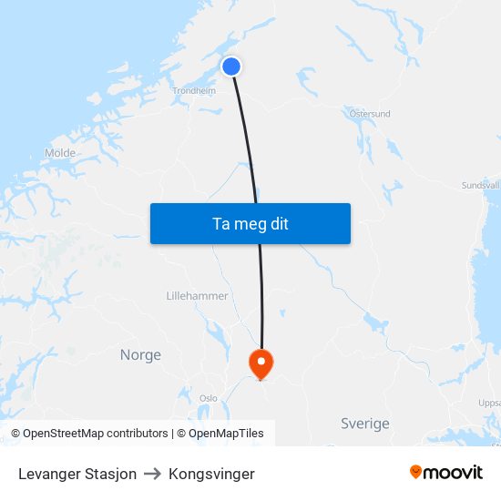 Levanger Stasjon to Kongsvinger map
