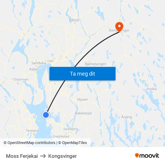 Moss Ferjekai to Kongsvinger map