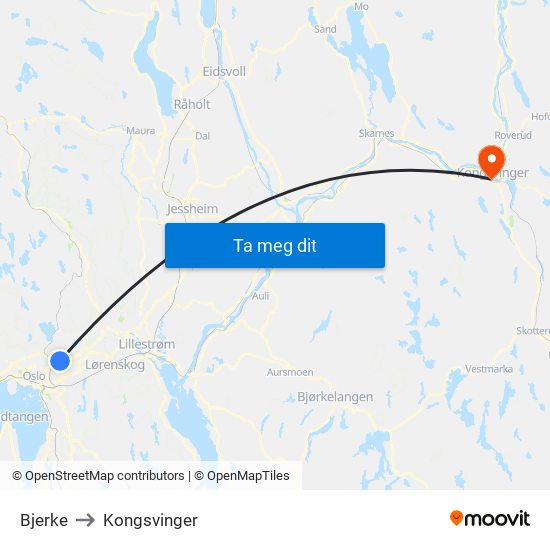 Bjerke to Kongsvinger map