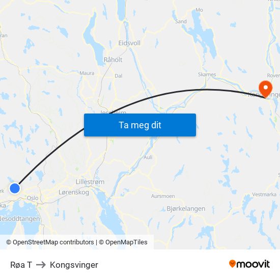 Røa T to Kongsvinger map