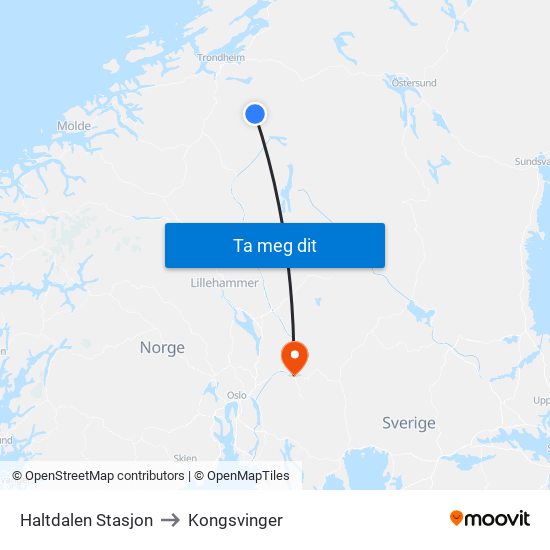 Haltdalen Stasjon to Kongsvinger map