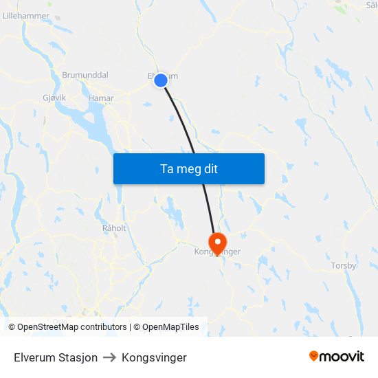 Elverum Stasjon to Kongsvinger map