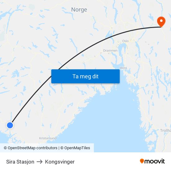 Sira Stasjon to Kongsvinger map