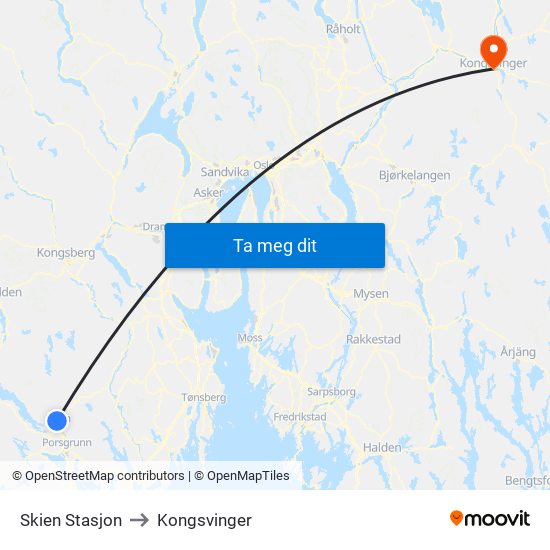 Skien Stasjon to Kongsvinger map