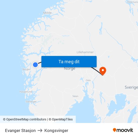 Evanger Stasjon to Kongsvinger map