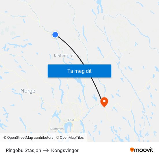 Ringebu Stasjon to Kongsvinger map