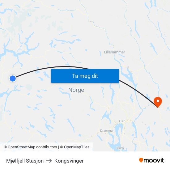 Mjølfjell Stasjon to Kongsvinger map