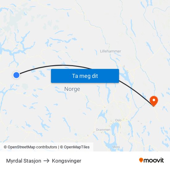 Myrdal Stasjon to Kongsvinger map