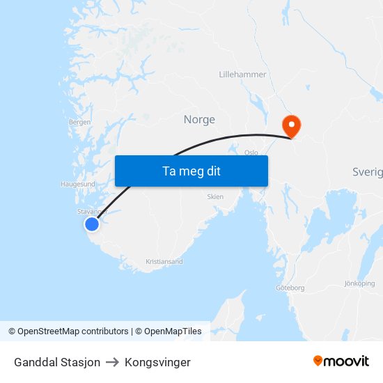 Ganddal Stasjon to Kongsvinger map