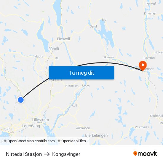 Nittedal Stasjon to Kongsvinger map