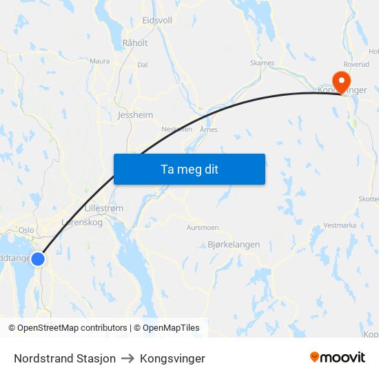 Nordstrand Stasjon to Kongsvinger map