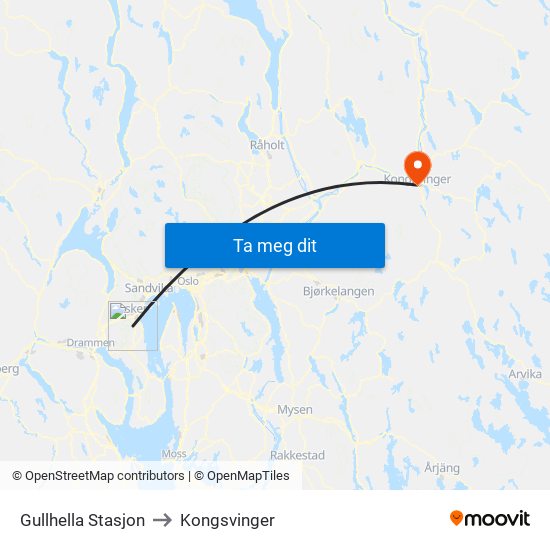 Gullhella Stasjon to Kongsvinger map