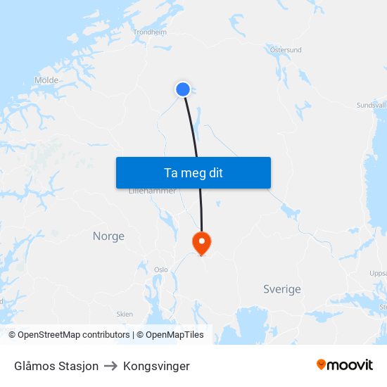 Glåmos Stasjon to Kongsvinger map