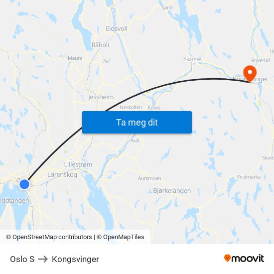 Oslo S to Kongsvinger map