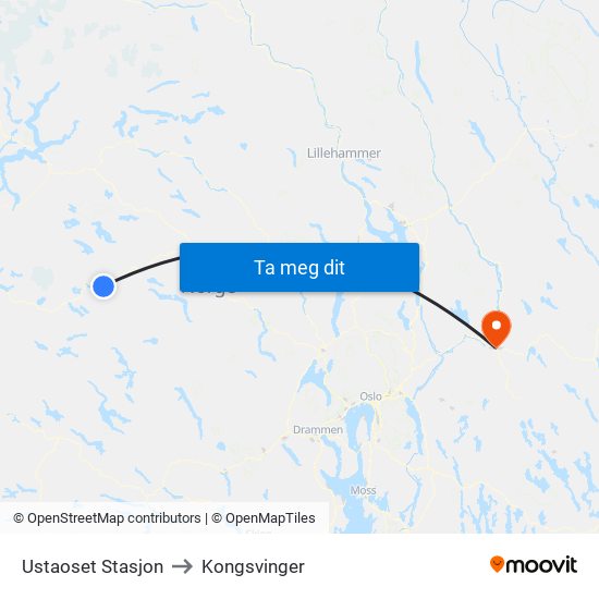 Ustaoset Stasjon to Kongsvinger map