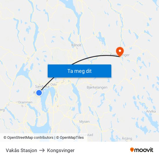 Vakås Stasjon to Kongsvinger map