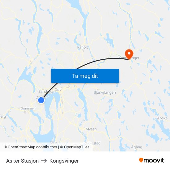 Asker Stasjon to Kongsvinger map