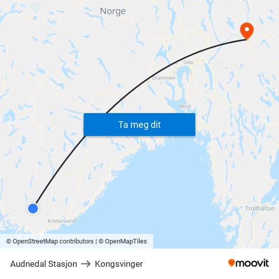 Audnedal Stasjon to Kongsvinger map