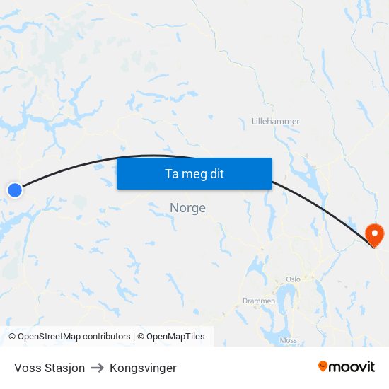 Voss Stasjon to Kongsvinger map