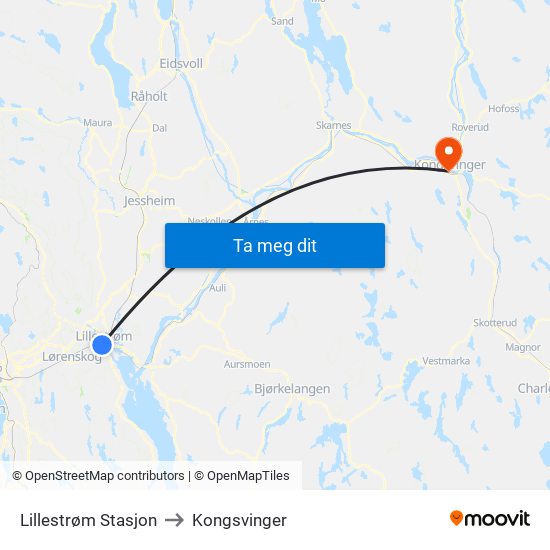 Lillestrøm Stasjon to Kongsvinger map