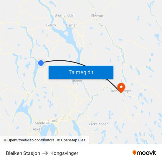 Bleiken Stasjon to Kongsvinger map